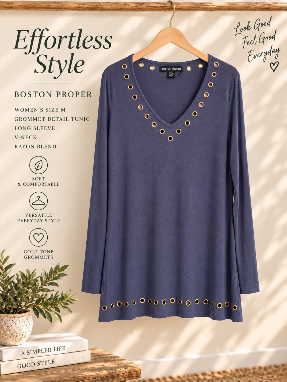 Boston Proper Navy Grommet Tunic Top Women’s M V-Neck Long Sleeve